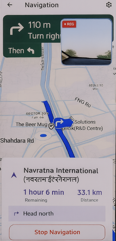 DriveShield navigation interface showing turn-by-turn directions and dashcam recording